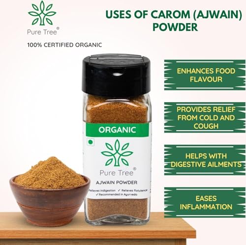 Image of Pure Tree Certified Organic Ajwain Powder | 60 g | Glass Jar | Carom Seed Powder | Ajavain | Omam Powder Gluten-Free | Vamu Seeds | Ajowan | Ayamodakam Seeds Rich In Antioxidants