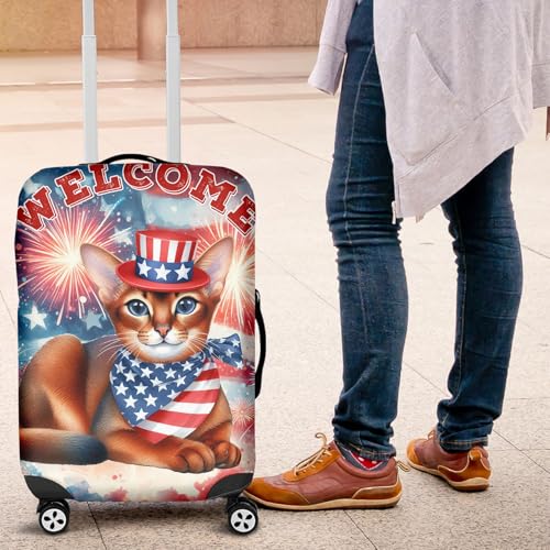 Abyssinian Patriotic Welcome for 4Th of July Independence Day Travel Luggage Cover Cat Lover Kitten Owner Gifts Suitcase Dust Protective Decor - 000104