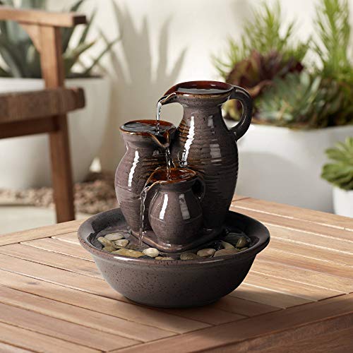 Triple Jug 8 1/4' High Small Zen Modern Indoor Outdoor Decor Ceramic Tabletop Fountain Tiered Waterfall Cascading Water Feature for Outside Garden Patio Yard Desk Backyard Porch Deck - John Timberland