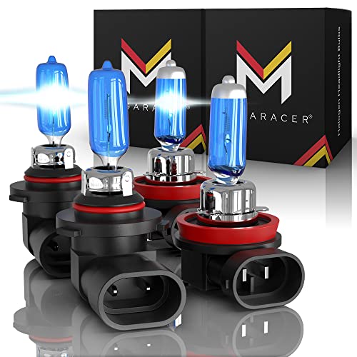 Mega Racer H11 9005 Halogen Headlight Bulbs Combo - Super White 5000K 12V 100W, Hi Lo High and Low Beam, Automotive Headlight Bulbs Replacement Upgrade, Xenon, 4 Pack