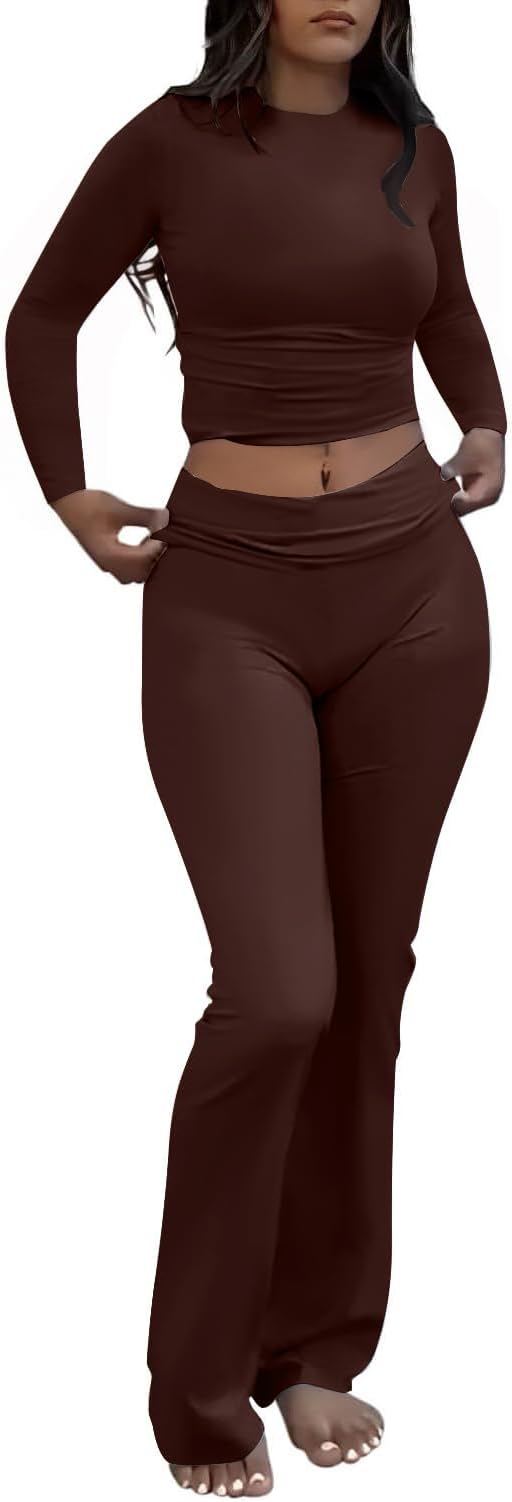 Women's 2 Piece Outfits Foldover Flare Pants Long Sleeve Crew Neck T-shirt Fitted Pajama Sets