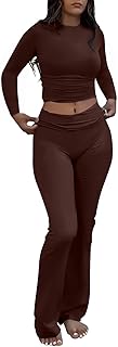 Women's 2 Piece Outfits Foldover Flare Pants Long Sleeve Crew Neck T-shirt Fitted Pajama Sets
