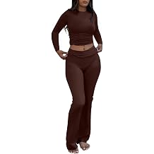 AYWA Womens 2 Piece Outfits Foldover Flare Pants Long Sleeve Crew Neck T-shirt Fitted Pajama Sets
