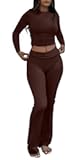 Women's 2 Piece Outfits Foldover Flare Pants Long Sleeve Crew Neck T-shirt Fitted Pajama Sets