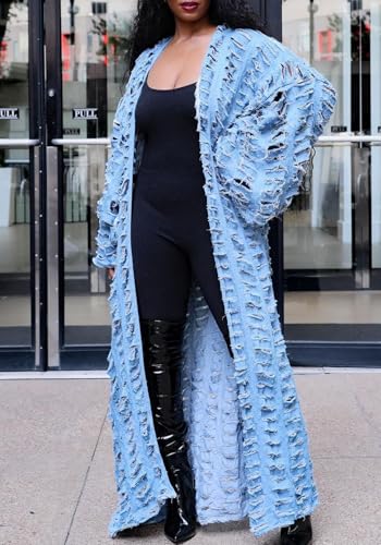 LETSVDO Women's Ripped Denim Duster Kimono Cardigan Oversized Distressed Hollow Out Open Front Long Jean Jacket Coat4