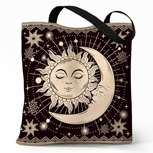 Sukyerios Sun Moon Cute Canvas Book Tote Bag with Zipper for Women