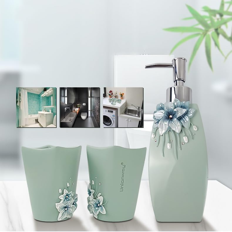 Bathroom Vanity Organizer Set, Toiletry Storage, Shampoo and Body Wash Holder, Soap Dish,Soap Dispenser,Toothbrush Holder, Decorative Piece