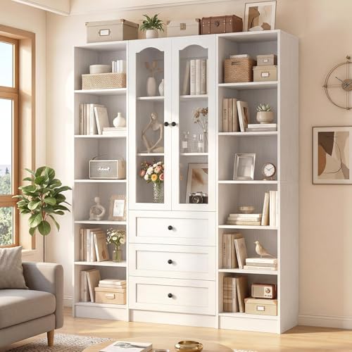 Image of Cyclysio 80" Tall Bookcase Set, Elegant Bookshelf with Arched Glass Doors and 3 Drawers, 2 Narrow Open 6-Tier Shelving Units with Baseboard Cutout, Large Storage Cabinet for Living, Kitchen, White