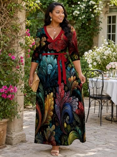 Image of PinkPatty Plus Size Maxi Dress for Women Casual V Neck 3 /4 Sleeve Boho Printed Long Dress with Pockets
