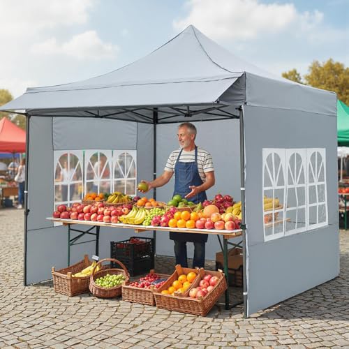 Image of Tangkula 10x10 FT Pop Up Canopy, Outdoor Tent with 3 Sidewalls & Awning, Wheeled Bag, 4 Sandbags, 8 Stake, 4 Ropes, Portable Canopy Tent for Party Picnic Event Beach Camping (Gray)