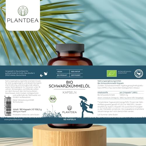PlantDEA Bio Schwarzkümmelöl – 180 vegane Kapseln im 3-Monats-Vorrat – 1.000 mg Tagesdosis – hochdosiert & laborgeprüft – Schwarzkümmel Öl ohne Zusätze