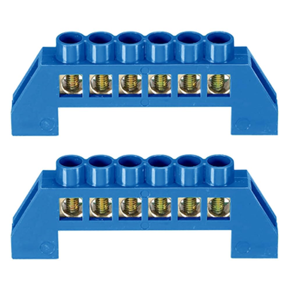 2Pcs Neutral Terminal Bar 6 Positions Brass Wire Screw Terminal Bus Bar Block Grounding Strip Blue Shell for Electrical Distribution