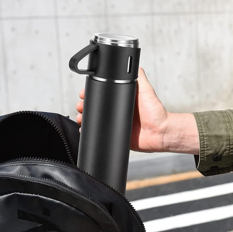 Image of 500ml Vacuum Insulated Stainless Steel Flask Set with 3 Cups Leakproof Double Wall Bottle for Tea Coffee Water Travel Office Gift Set Black