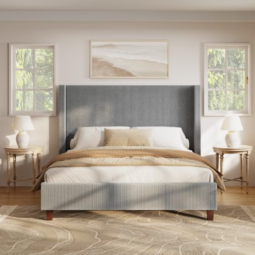 Image of HOWE Queen Size Bed Frame with 50.8 Inch Corduroy Wingback Headboard, Gray | Modern Upholstered Platform Bed, Solid Wood Slats, No Box Spring Needed, Noise-Reducing Design