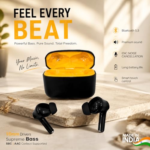 Image of Pods Black Gold Edition Bluetooth 5.3 Wireless Earbuds with ENC Noise Cancellation, 10mm Drivers, 30+ Hours Playtime, Smart Touch Control, Type-C Fast Charging, Deep Bass TWS Earphones (Black)