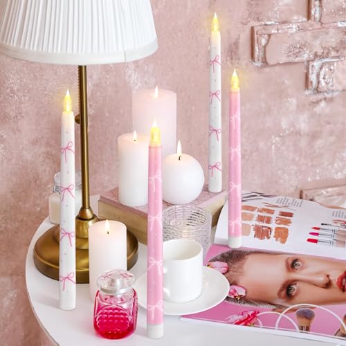 Image of Conelist 6 Pcs Pink Bow Flameless Taper Candles 10.6 Inch Coquette LED Battery Operated Candles for Birthday Bridal Wedding Dinner Room Decor