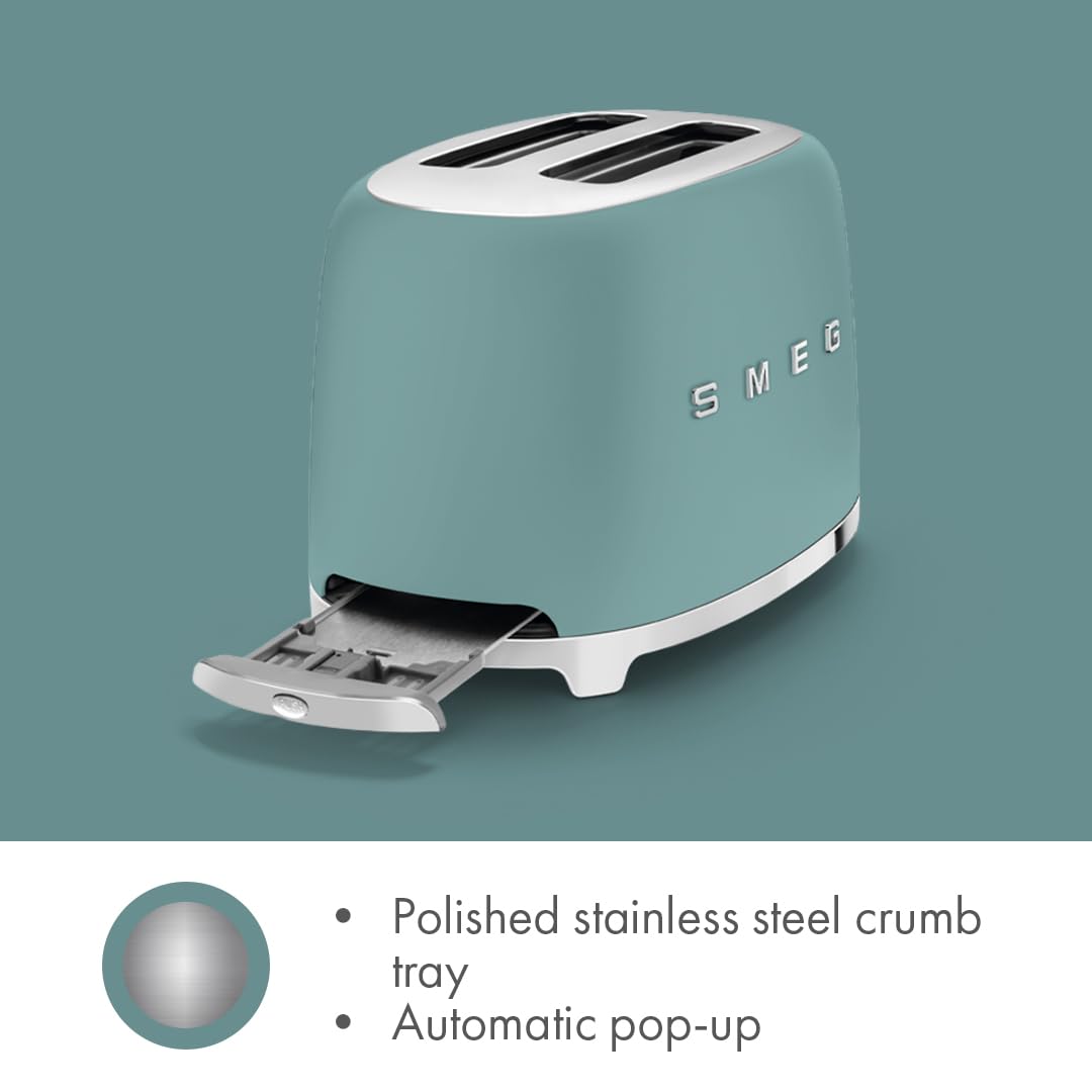 SMEG 2 Slice Toaster with 6 Presets and Defrost Function and Removable Crumb Tray (Jade)