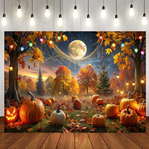 8x6ft Halloween Pumpkin Backdrop Autumn Forest Jack-O'-Lantern Ba...