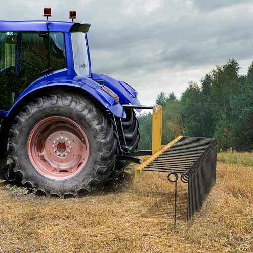 YITAMOTOR 60" Durable Powder Coated Steel Pine Straw Rake Steel Spring Landscape Rake Attaches to Cat-0 Cat-1,3 Point Hitch for Tractor, Yellow