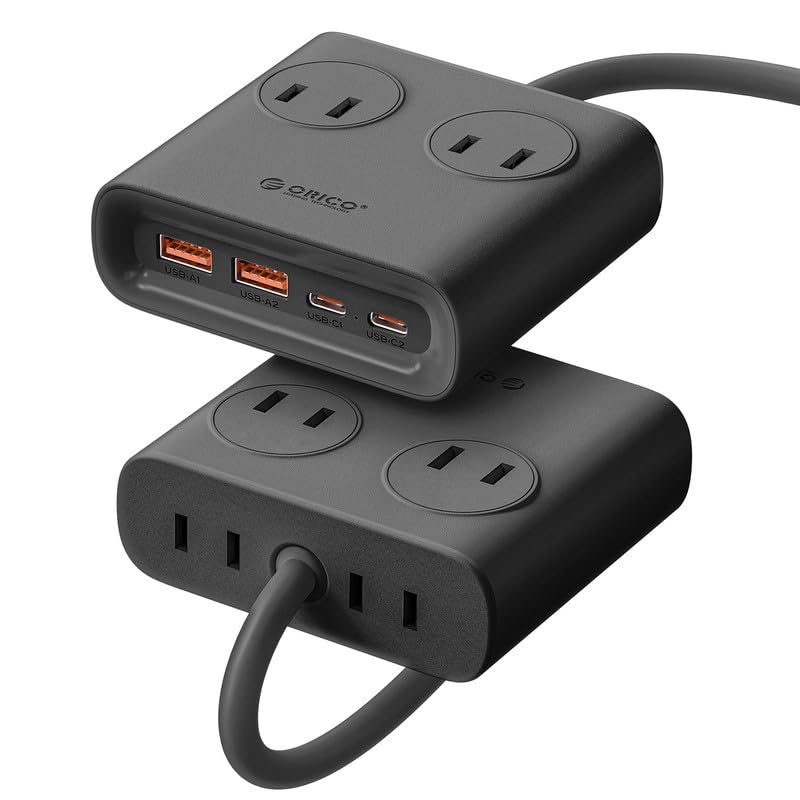 ORICO 小方砖USB電源タップ 延長コード デスク用 GaN技術採用 コンパクト 4面AC電源タップ 25W急速充電 4口AC+USB-A 2個+USB-C 2個 1500W 15A 100V フラットプラグ PC V0難燃材 ブラック 1m