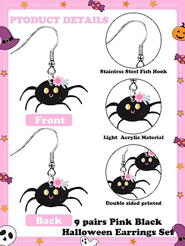 Rtteri 9 Pairs Pink Halloween Earrings Set Cat Bat Web Skull Halloween Jewelry for Women Party Gift3