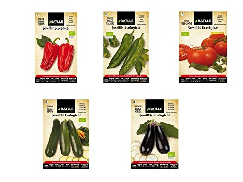 Lote 5 sobres Semillas Ecológicas Batlle (Pimiento rojo, Pimiento Verde, Tomate Tres Cantos, Calabacin y Berenjena)