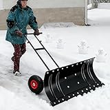 30' Wide Snow Pusher with Wheels, Adjustable Angle & Height Handle for Driveway & Sidewalk, Heavy-Duty Metal Snow Shovel, Ergonomic Double-Rod Design, Easy Storage, Black (Double Rod)