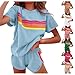 2 Piece Lounge Sets for Women Summer Rainbow Striped Tops Casual Shorts Color Blocked Suit Sweatshirts Set
