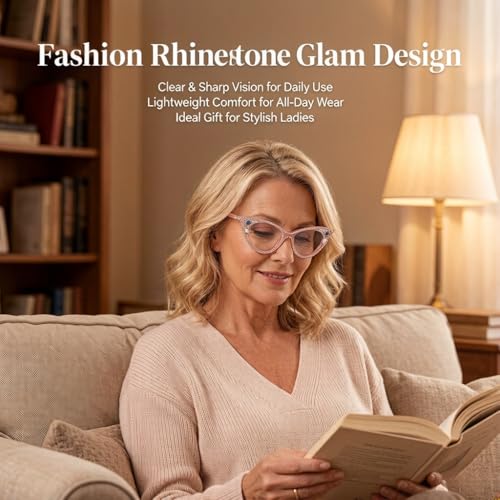 Image of ICARA Sparkling Crystal Retro Cat Eye Frame Bling Rhinestone Reading Glasses for Women Blue Light Blocking Computer Eyeglass