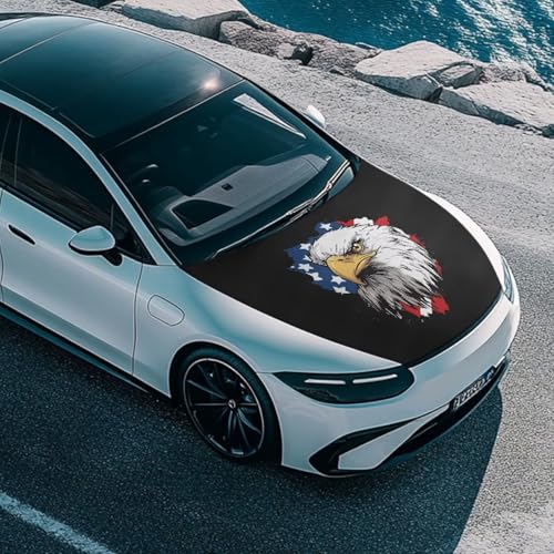 Image of Car Hood Cover Protector Stretchable Car Hood Wraps Auto Banner Eagle and American Flag Auto Decorative Accessories for Compact Sedans SUV Trucks (59x39 Inch)