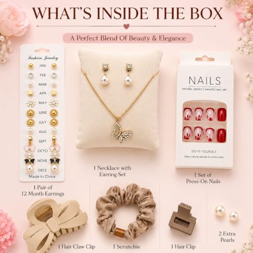 Image of Gift Hamper For Girl ,Sister, Girlfriend, Women, Wife | Rakshabandhan Gift For Sister | Birthday | Anniversary | Love Gifts | Pendant Necklace, Pearl Earrings, Stud Earrings Set, Hair Claw Clip, Mini Hair Clip, Scrunchie & Press On Nails |