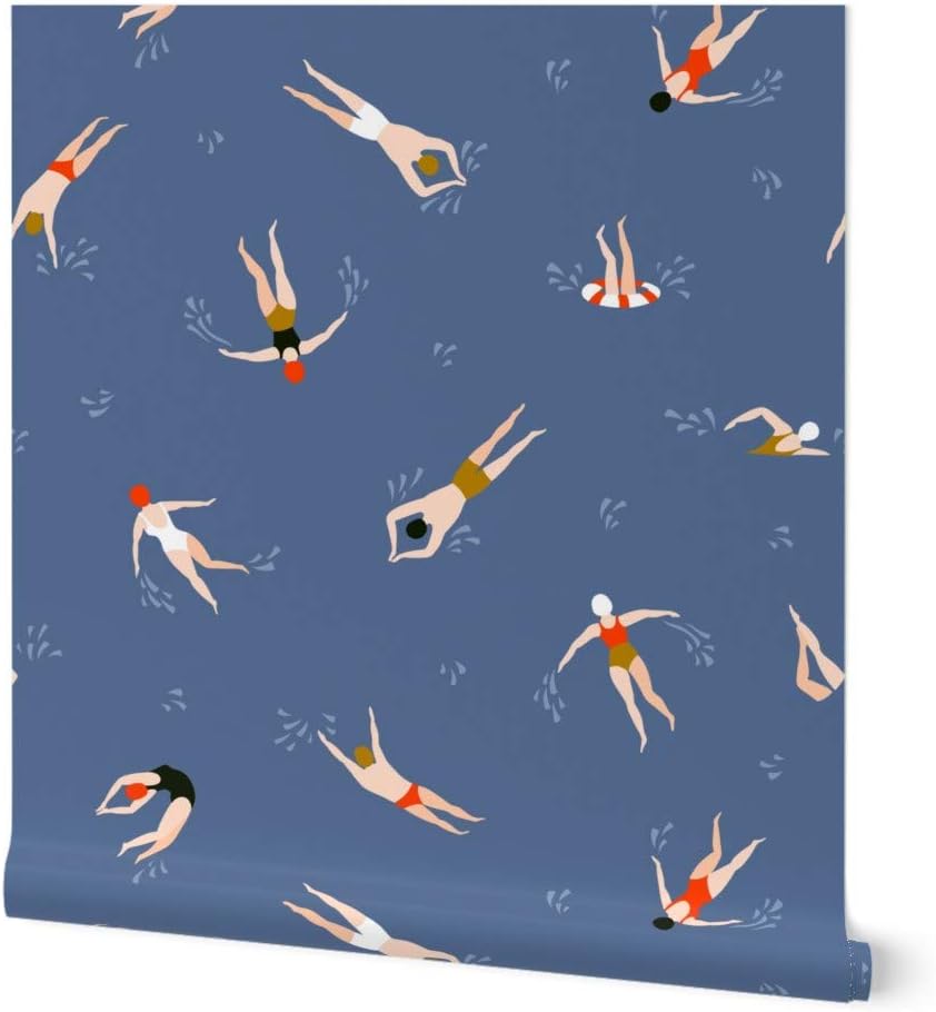 Removable Wallpaper Swatch - Cute Swimmers Swimming Water Pool Summer Sea Sport Team Nautical Beach Custom Pre-Pasted Wallpaper by Spoonflower