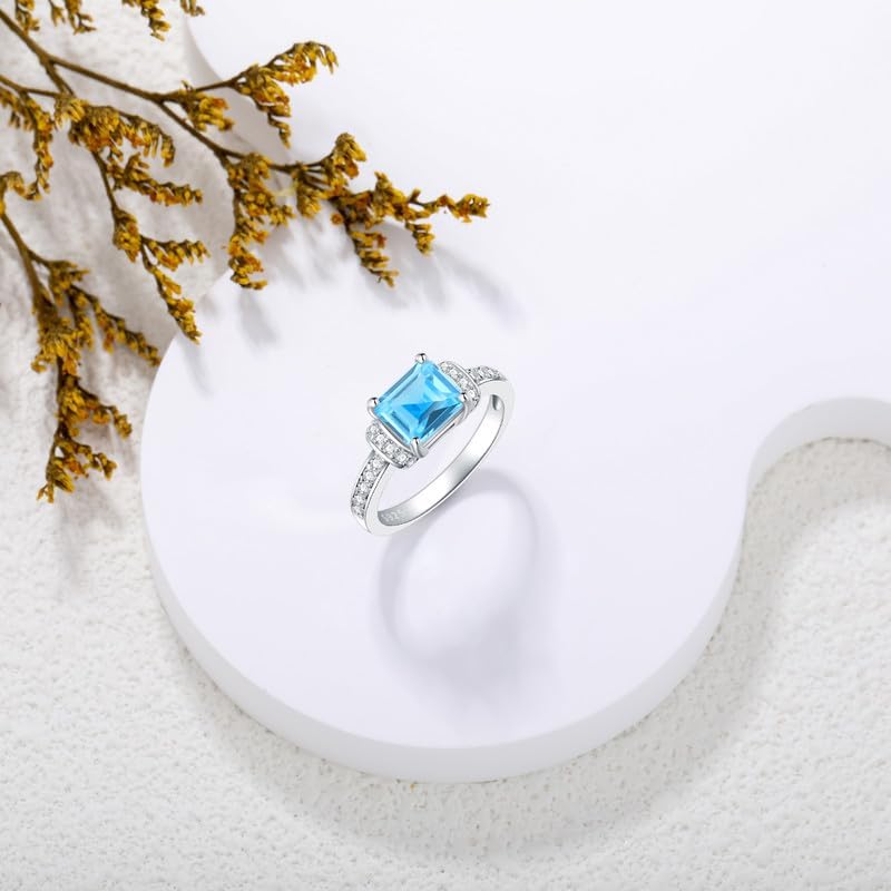 Aquamarine Ring 925 Sterling Silver 7 * 7 MM Princess Cut Aquamarine Rings for Women Moissanite Engagement Rings for Lover/Friend