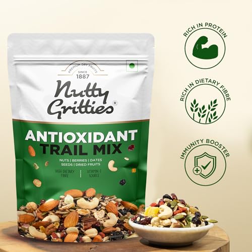 Image of Nutty Gritties Antioxidant Trail Mix 600g | 21 Superfoods in 1 Mix | Including Almonds, Hazelnuts, Brazil Nuts, Berries, Dry Dates, Chia Seeds, Pumpkin Seeds and Many More Mixed Dry Fruits | Resealable Pouch (Pack of 3, Each Pack 200g )