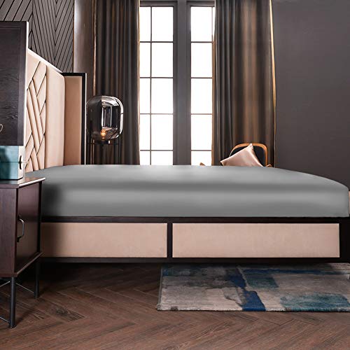 Thxsilk 7A+ Silk Fitted Sheet, 1 Fitted Sheet Only, 100% Mulberry Silk Bottom Sheet, Silk Bed Sheet With Deep Pocket 16", Machine Washable, Durable, Queen Size, Grey #TOP2