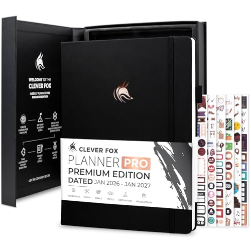 Clever Fox Planner PRO Premium Jan 2026-Jan 2027 – Luxurious Weekly, Monthly & Budget Agenda Organizer for Productivity & Reaching Goals, A4 Hardcover + Keepsake Box – Black