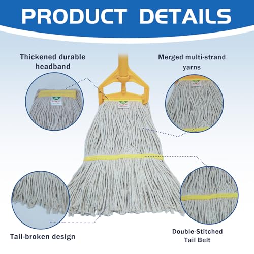 Image of Commercial Cotton Mop | Heavy-Duty Industrial Mop | 2 Replacement Heads | 152cm Stainless Steel Handle | Professional Institutional Cleaning (B)