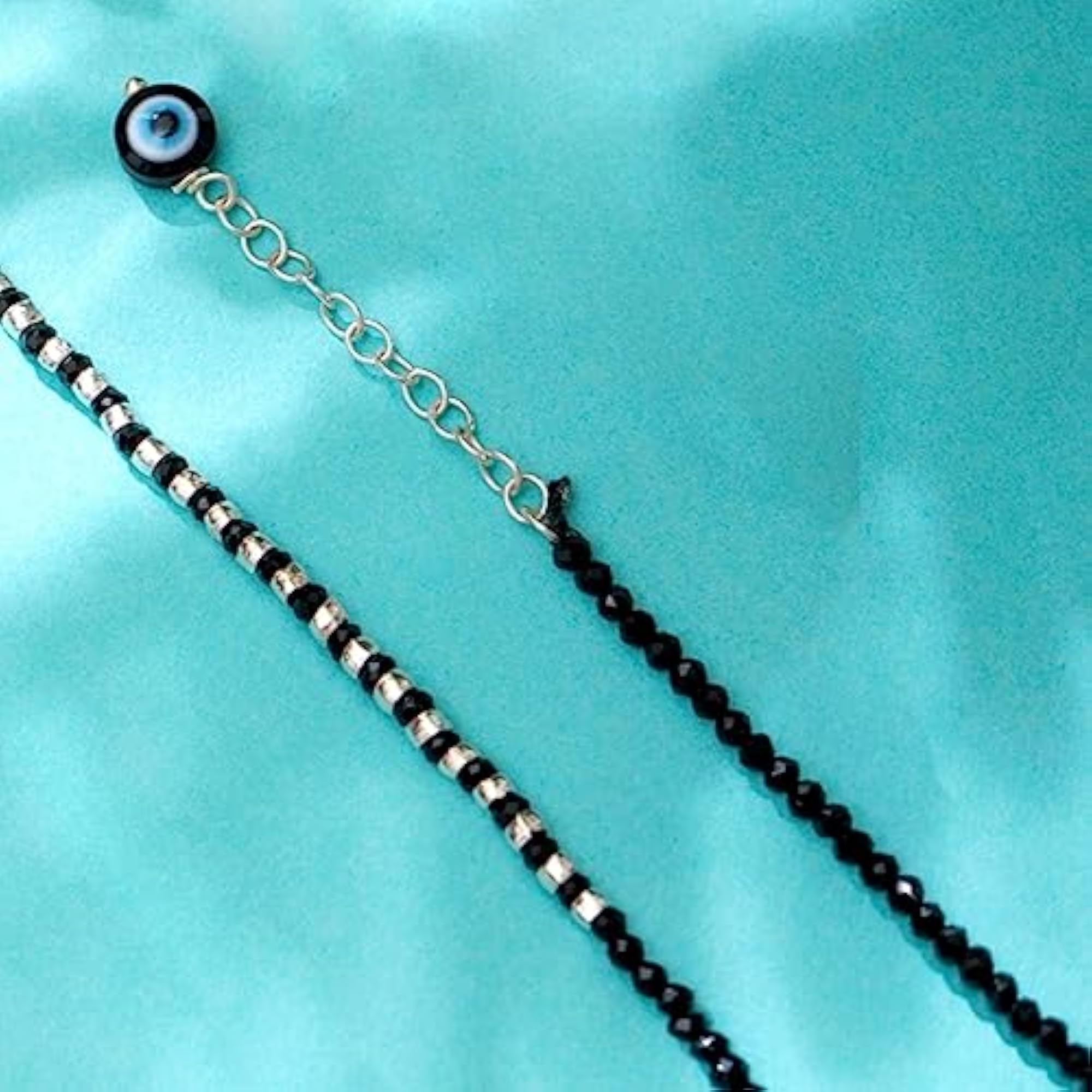 925 Silver Evil Eye Rhodium Adjustable Anklet Beaded