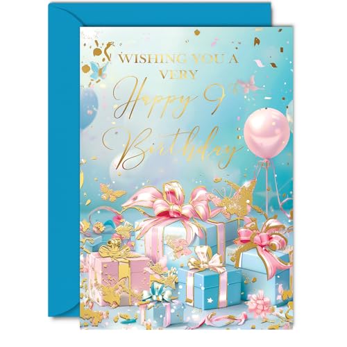 Beautiful Gold 9th Birthday Cards for Girls Boys - Fantastic Golden Presents - Elegant Traditional Pretty Birthday Card for 9 Year Old Girl Boy Her Him, A5 Gorgeous Greeting Cards Gift
