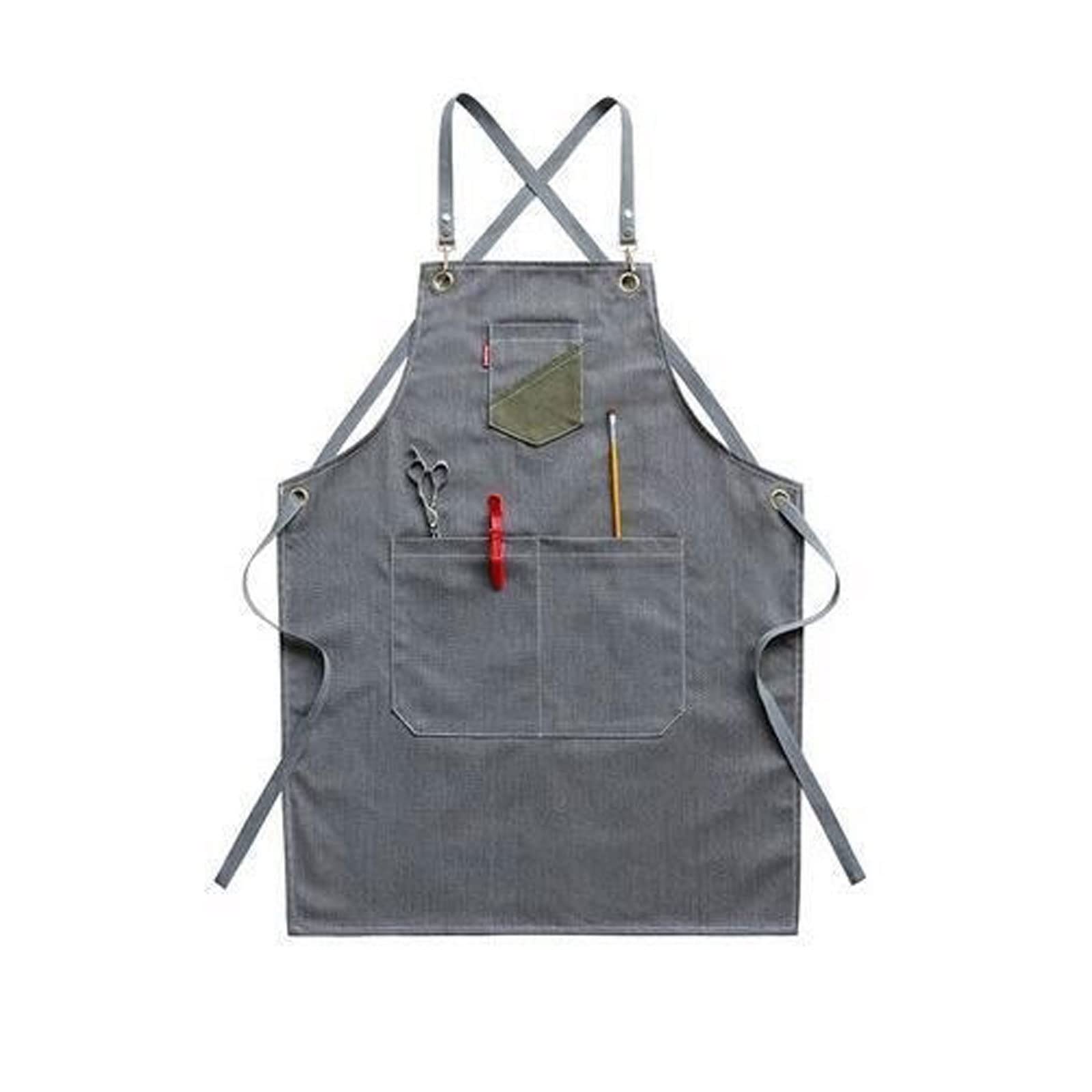 Grembiule da Cuoco con Bretelle Incrociate, in Tela, con Bretelle Regolabili, Tasche Grandi, per Cucinare, per Donna, per Uomo, per Bar, per Latte, per tè, per Fiori, per dipingere (Grigio)