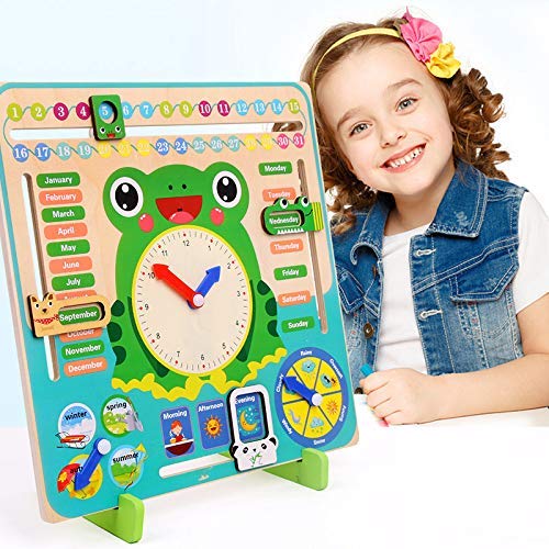 Mkiki Wooden Calendar Clock Educational Weather Season Toys Clock Learning