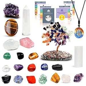 Natural Healing Crystals and Chakra Stones Set with Amethyst Cluster, Thumb Worry Stone，Selenite，Pink Crystal Tree, Tourmaline，Large Rose and White Crystal for Cleaning Healing Energy,Reiki … (Yellow)