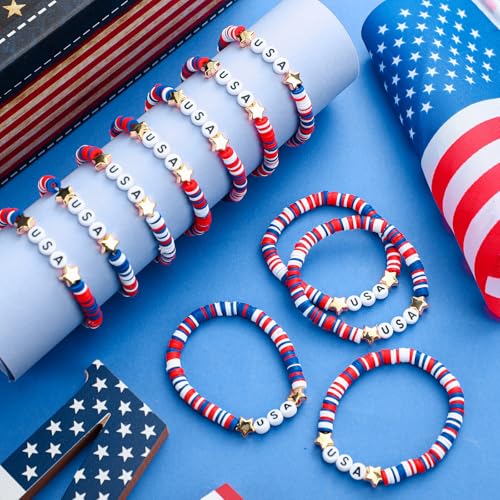 USA Bracelets Bulk 4th of July Accessories Red White and Blue Polymer Clay Beaded Stretch Bracelets for Women USA Jewelry Independence Day 4th of July Patriotic Party Favors Gifts4