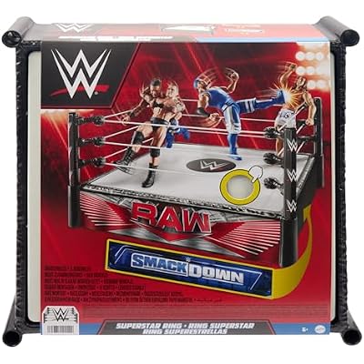 Mattel WWE Superstar Ring, 14 inches with Spring-Loaded Mat, 4 Event Apron Stickers & Pro-Tension Ropes for WWE 6-inch Action Figures