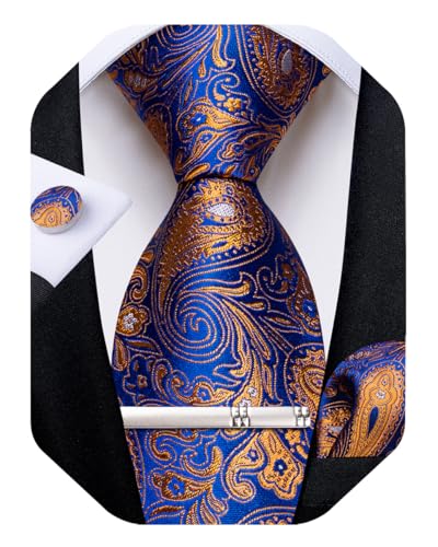 Image of DiBanGu Paisley Ties for Men Silk Necktie and Pocket Square Cufflinks Tie Clip Set Woven Classic Mens Tie for Wedding Party