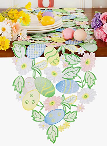Easter Table Runner Spring Bunnies Eggs Flowery Table Runner Cutwork Embroidered Floral and Bunnies Eggs Dresser Scarf Table Topper Home Kitchen Dining Tabletop Decoration (Runner 13"×68", Egg-3)