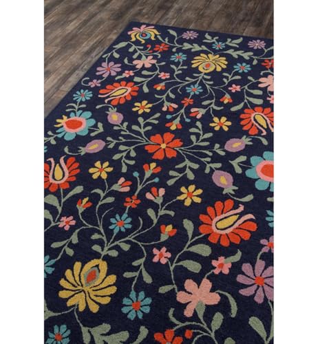 Image of Floral Pattern Wool Carpet with Loop Texture Yarn Anti Shedding Carpet Size 12x18 Feet A3 Blue & Multi