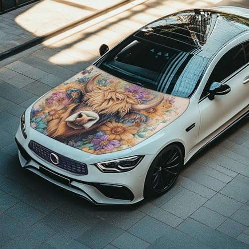 Image of Car Hood Cover Protector,Breathable Tear-Resistant Print Hood Covers for Cars,Universal Accessories for Decoration Yak Purple Flower Pattern Design
