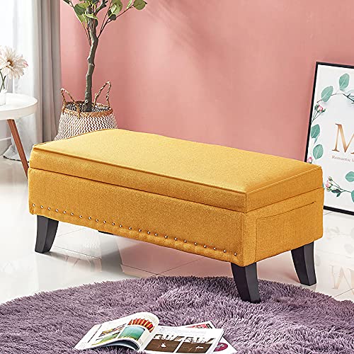Moderno banco de almacenamiento multifuncional tapizado de lino de algodón para sala de estar y dormitorio, reposapiés elegante 80 x 45 x 40 cm