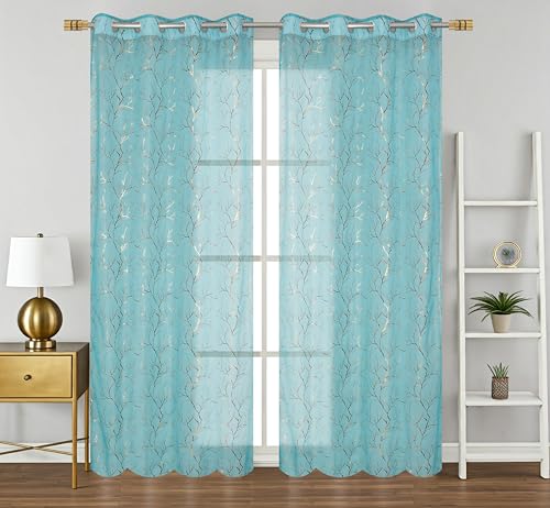 Image of Homefab India Multi Foil Transparent Sheer Curtain - 5 X 4 Feet, Window Curtains, Aqua Blue, Pack of 2 Pieces